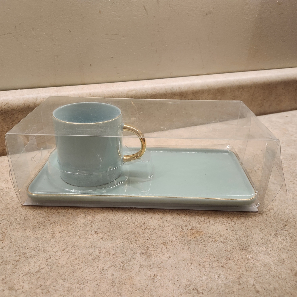 Elegant Blue Cup and Saucer Tea & Cookie Set with Gold Handle